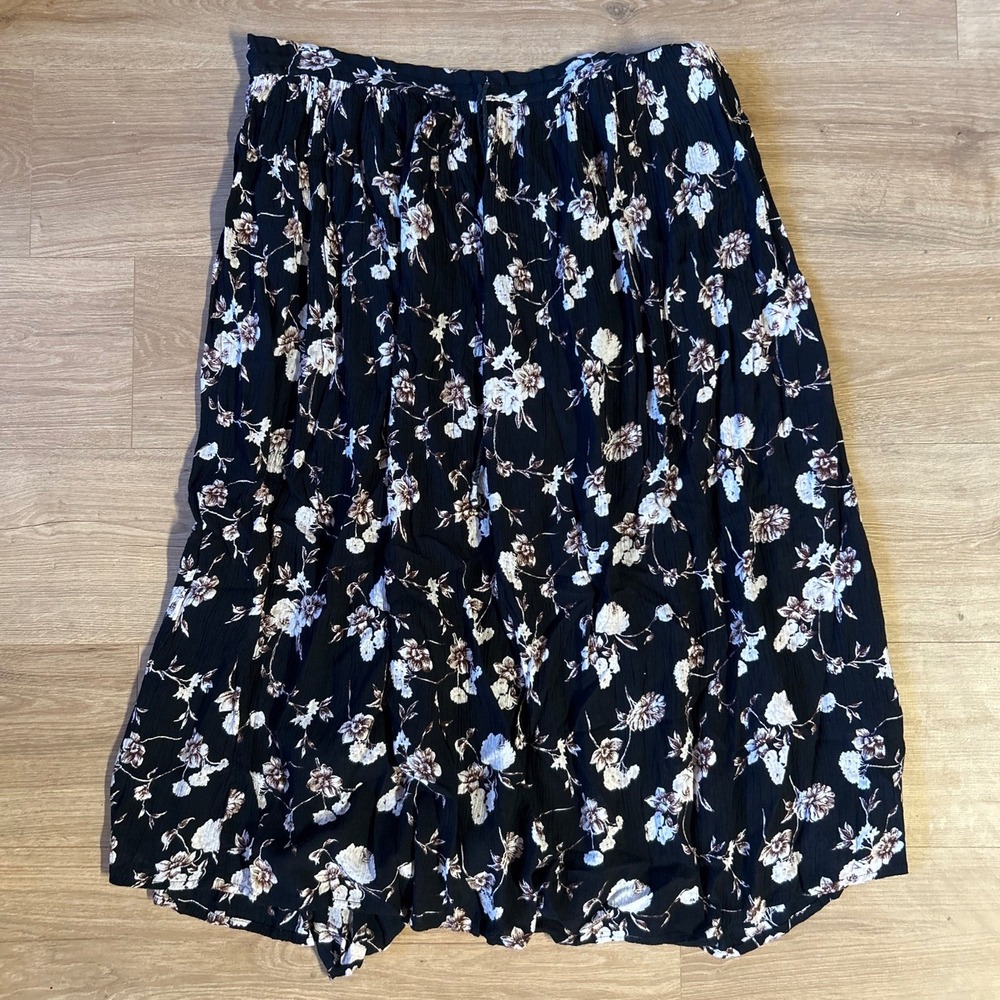 Basic Editions Black Floral Adjustable Skirt Womens XL Rayon Boho Crinkle